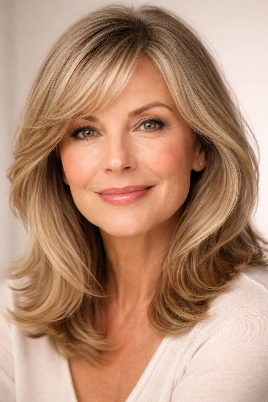 Close-up of face-framing layers and side-swept bangs around the cheekbones