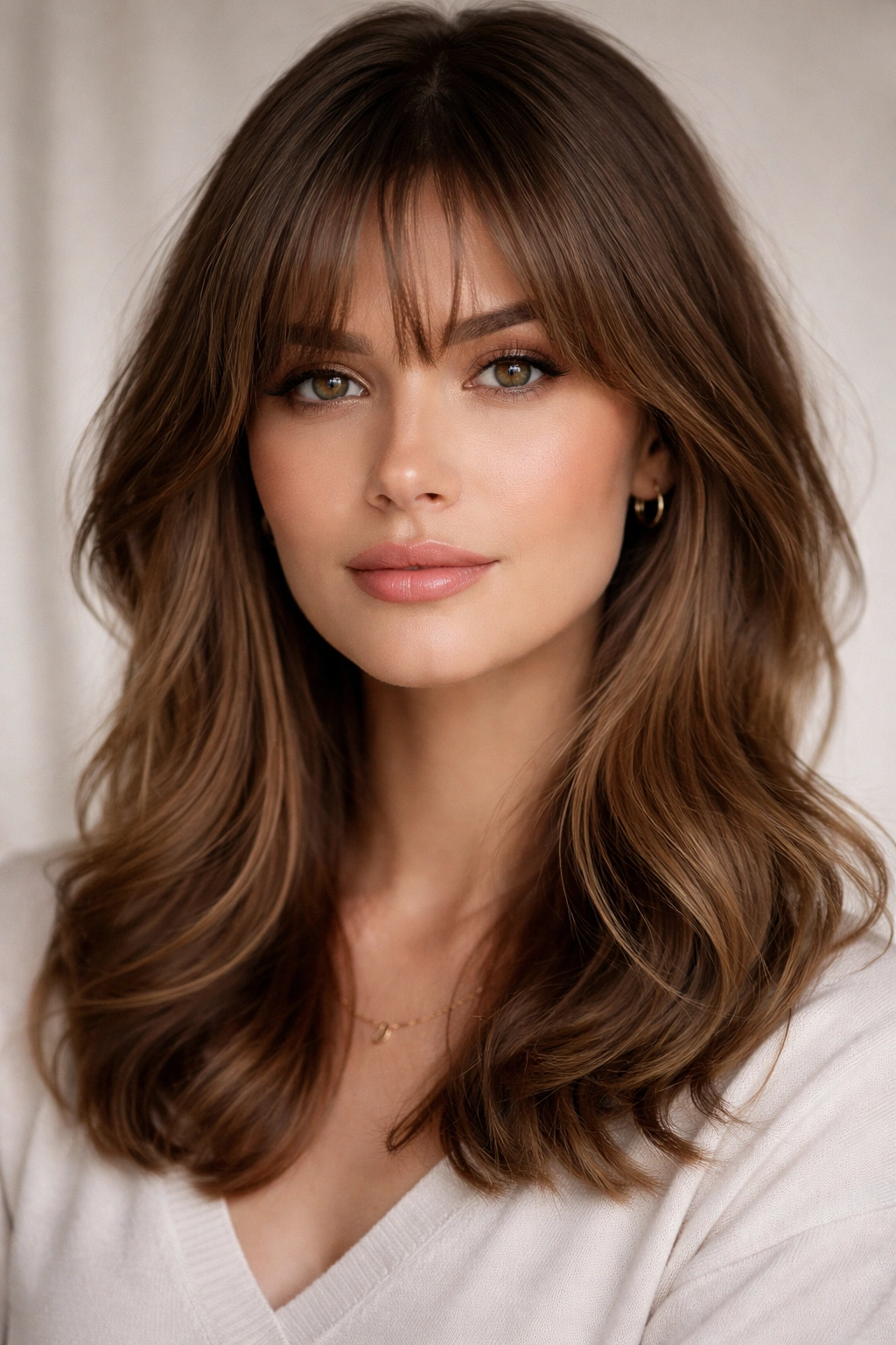 Close-up of face-framing bangs blending into medium-length hair