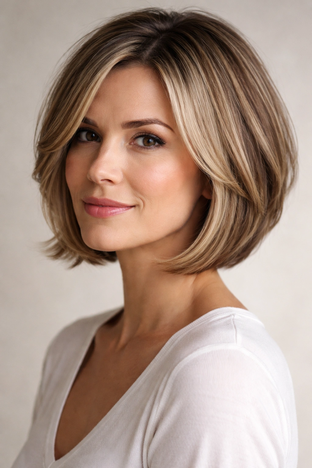 Portrait of a person with a face-framing layered bob in a studio.