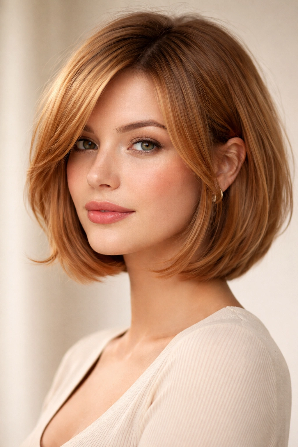 Close-up of a chin-length face-framing bob in strawberry blonde highlighting cheekbones
