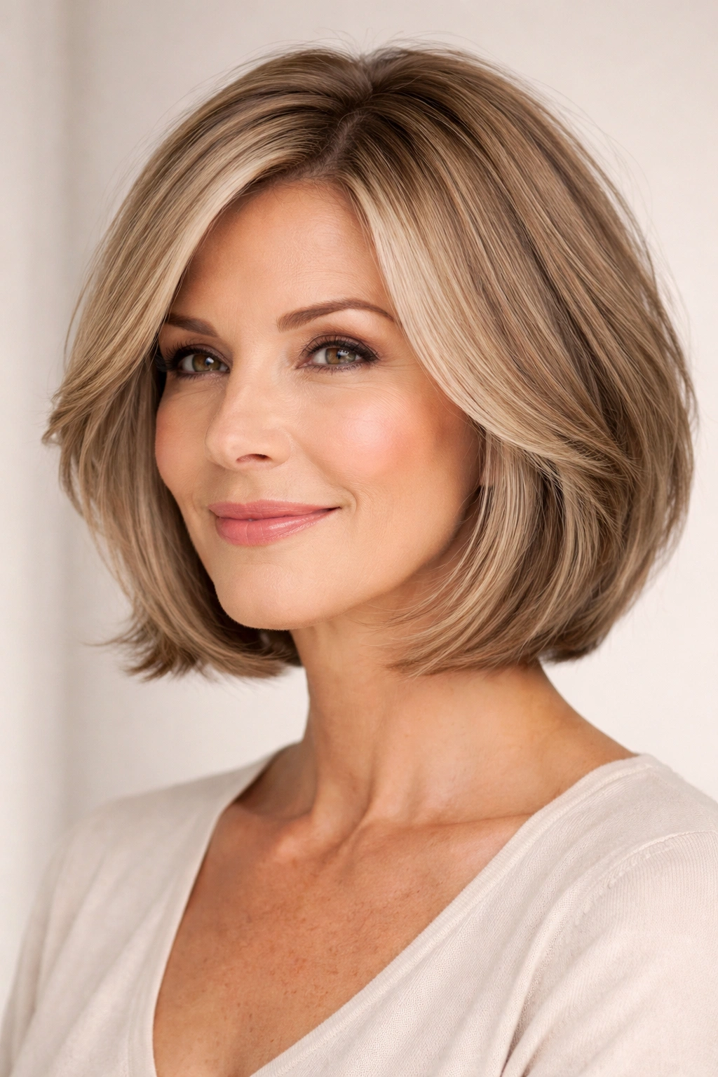 Close-up of a thick-haired model with a face-framing medium bob and cheekbone-grazing layers.