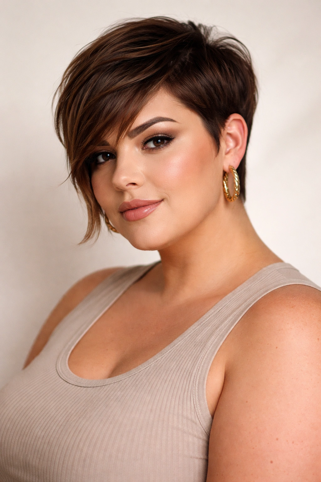Portrait of a woman with short sides and longer front pieces framing the face