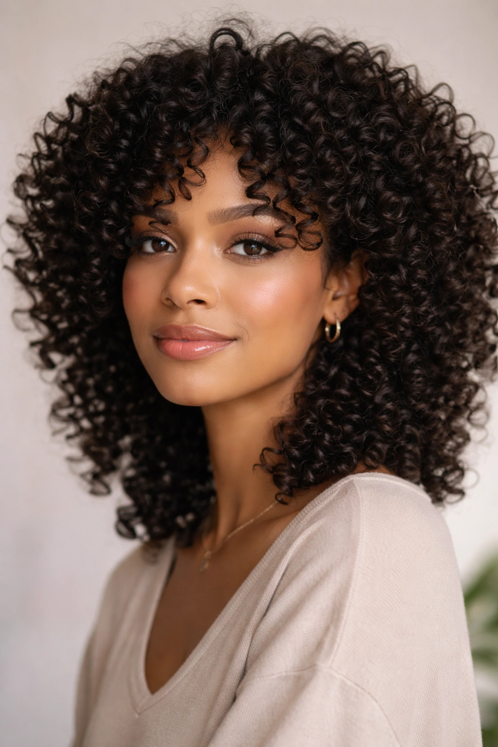 Close-up portrait of a person with 3C curls featuring face-framing layers around the cheeks in a soft studio