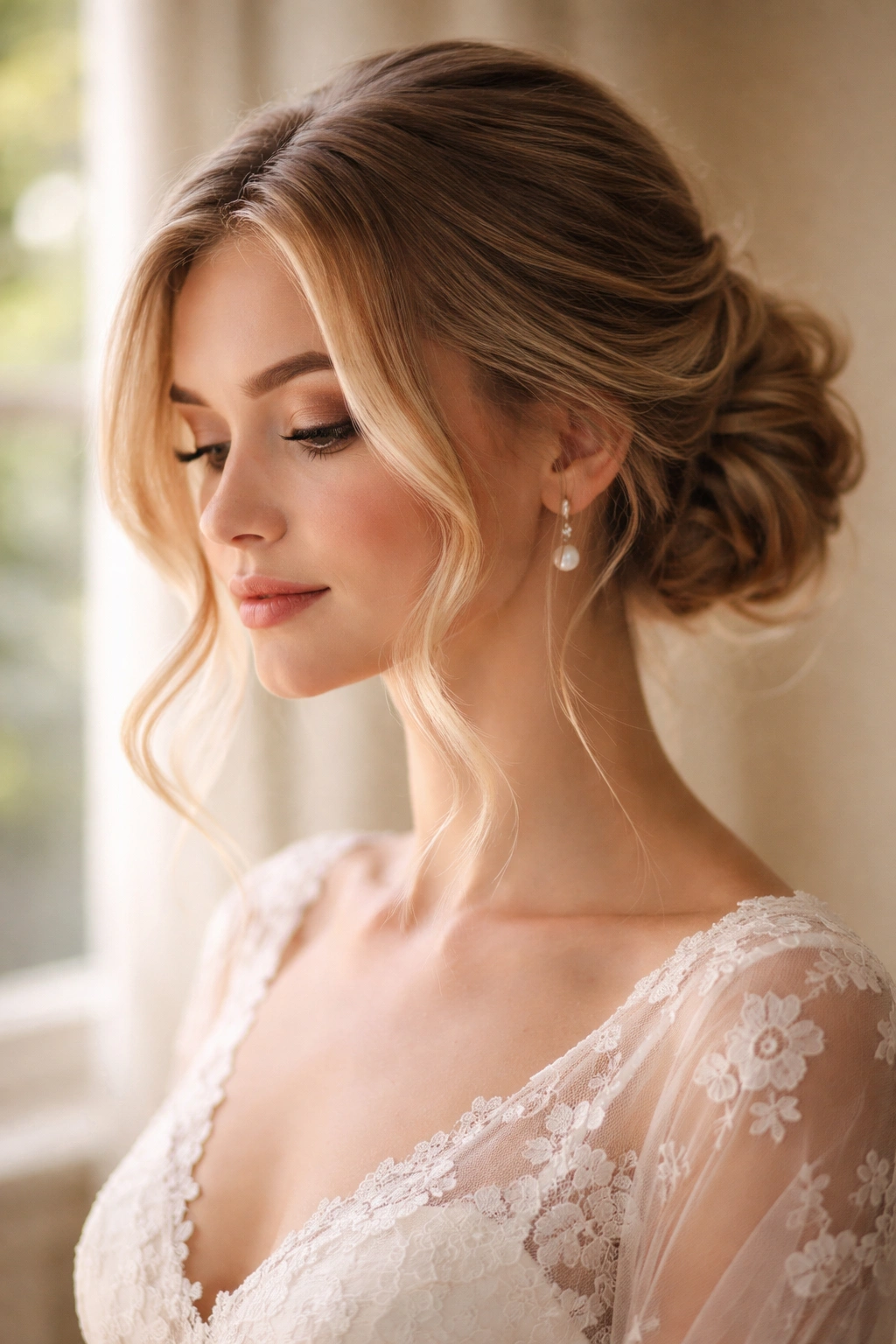 Front view of a low bun with soft face-framing curls