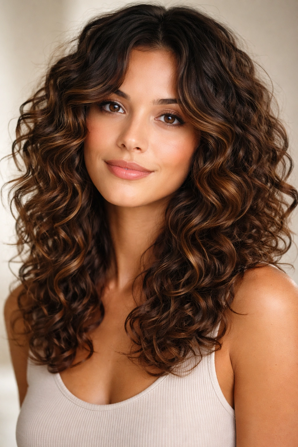 Close-up of curly hair with cheekbone-length face-framing layers