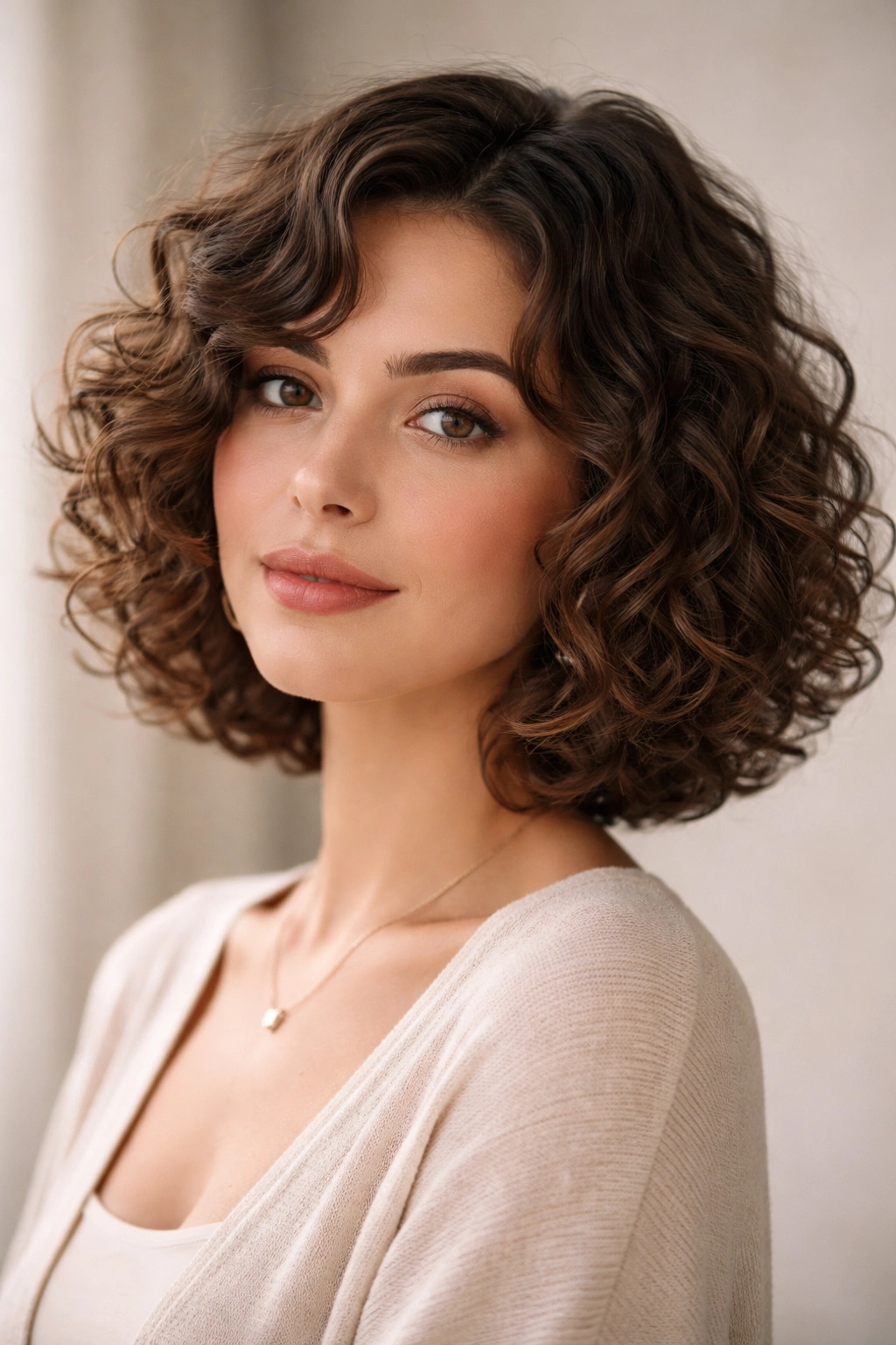 20 Curly Bob Haircuts That Flatter Every Face 5 Model with face-framing curly bob with longer front pieces around the face