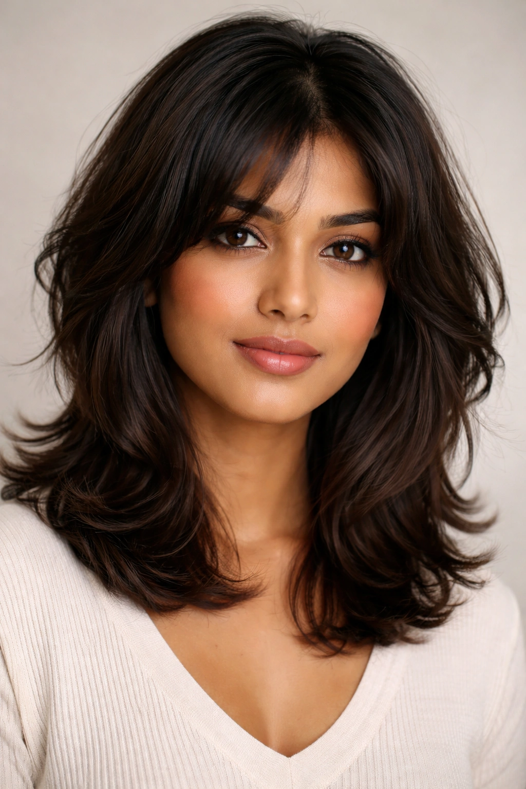 Close-up of a woman with a face-framing choppy haircut highlighting layered front sections.