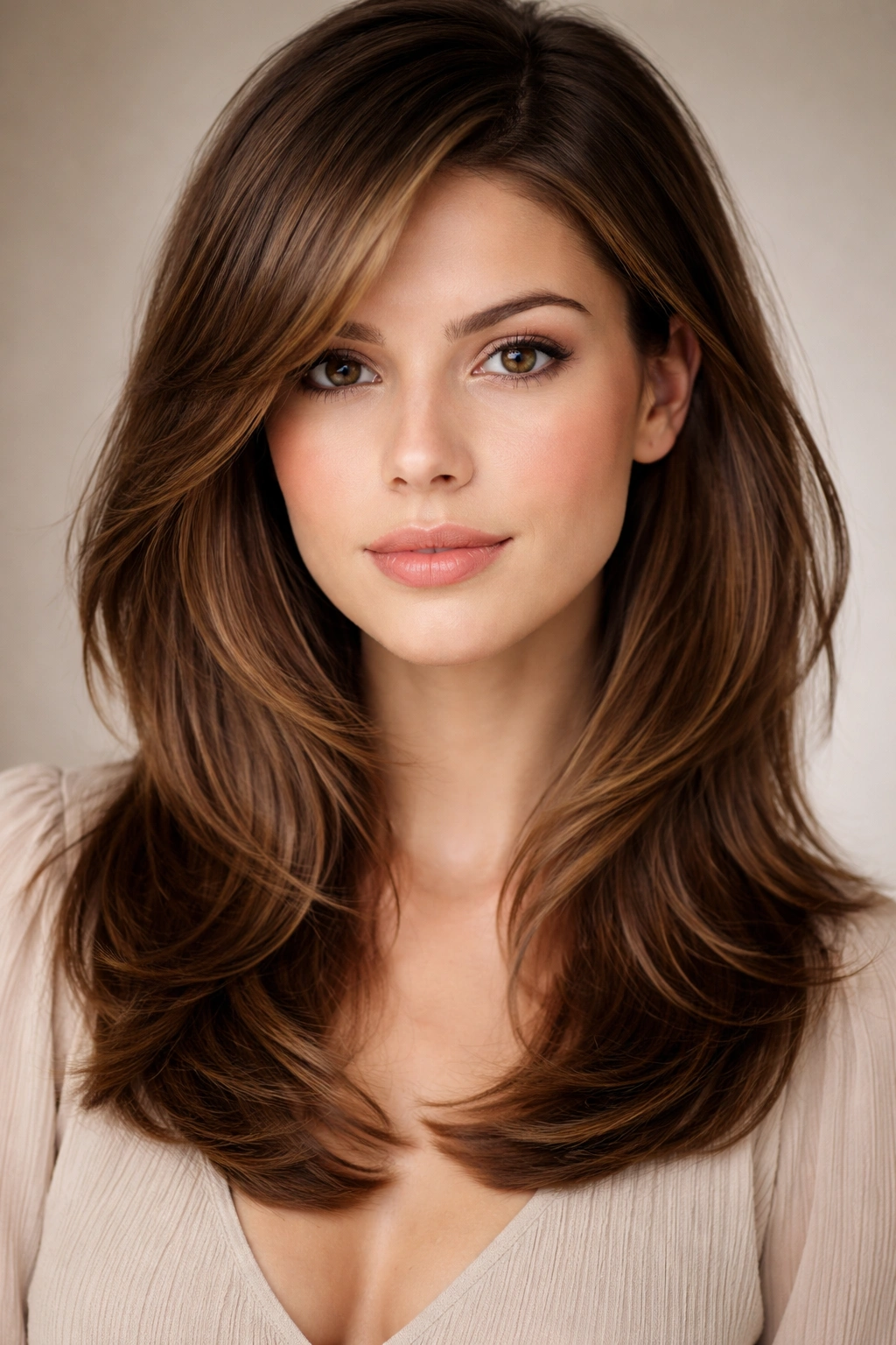 12 Hairstyles That Widen And Flatter A Long Face 7 Face-framing layers with a deep side part highlighting cheekbone framing.
