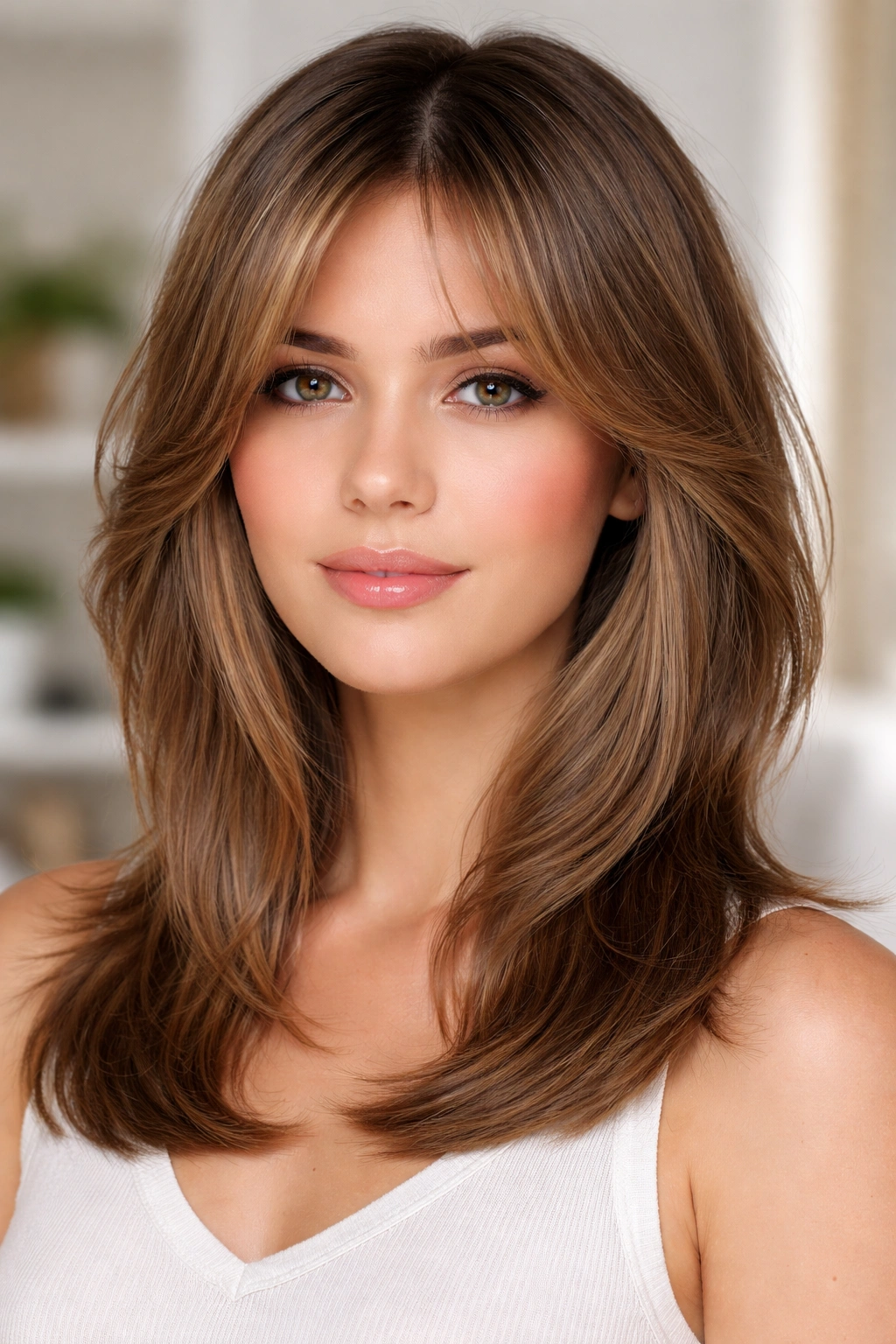 Face-framing feathered layers around cheeks on medium-length hair