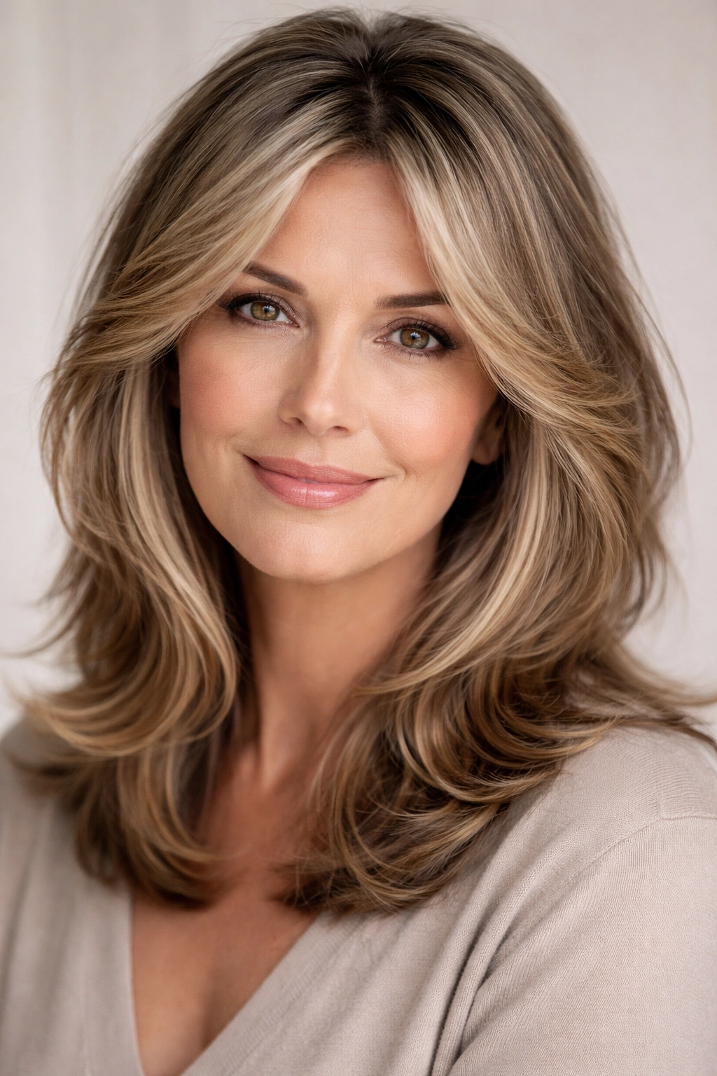 Hair softly framing the face with cheekbone-grazing layers
