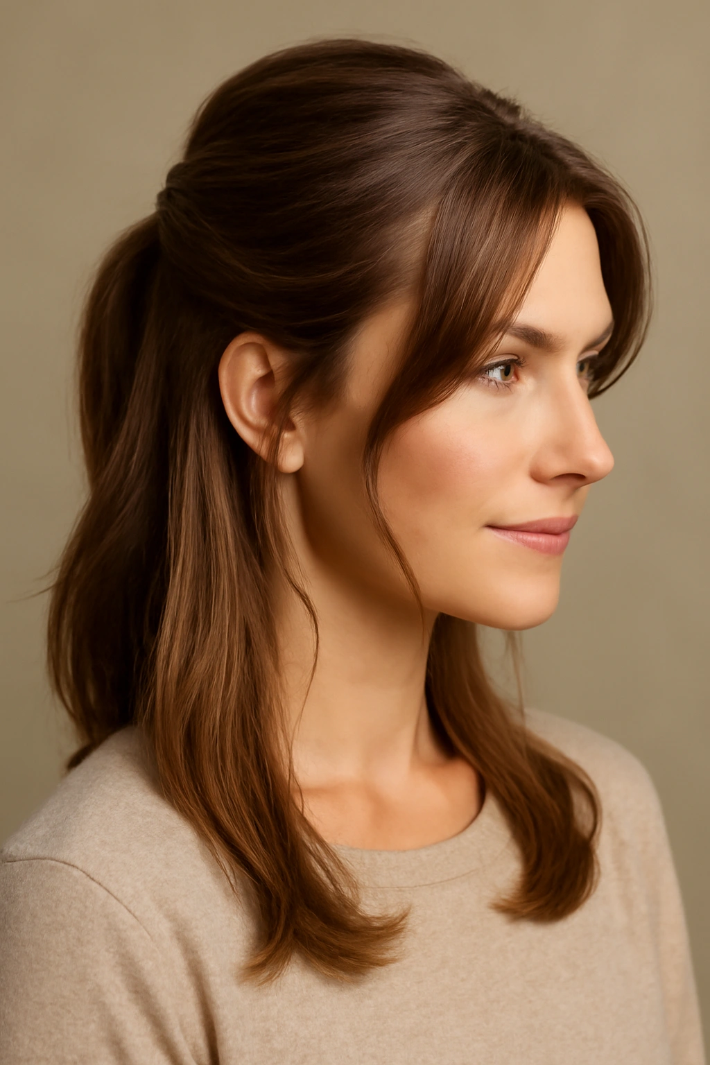 Half-up hairstyle with face-framing layers and soft waves