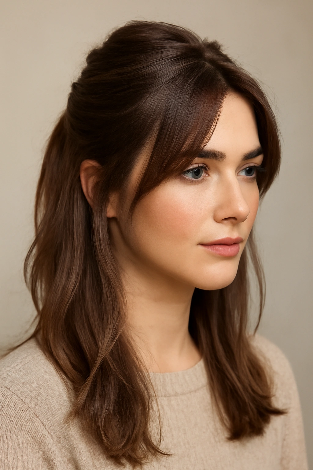 Half-up hairstyle with face-framing layers softly around the cheeks