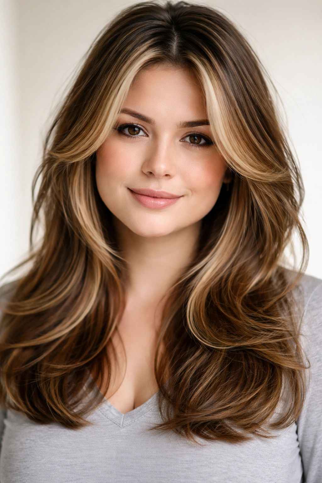 10 Haircuts For A Round Face And Double Chin 6 Face-framing layers with highlights around cheeks and crown