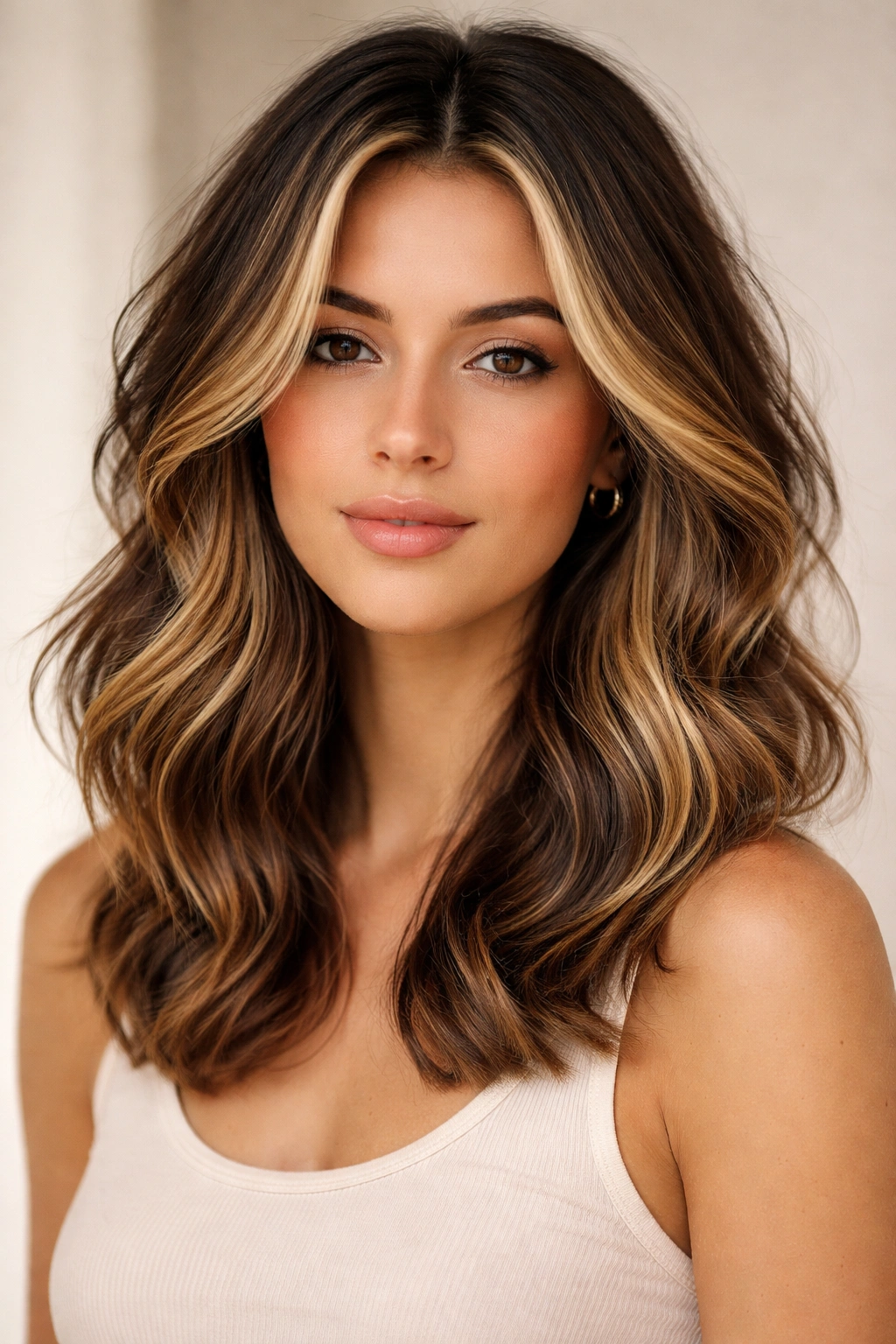 Face-framing highlights on medium-length hair with sun-kissed strands around the face.