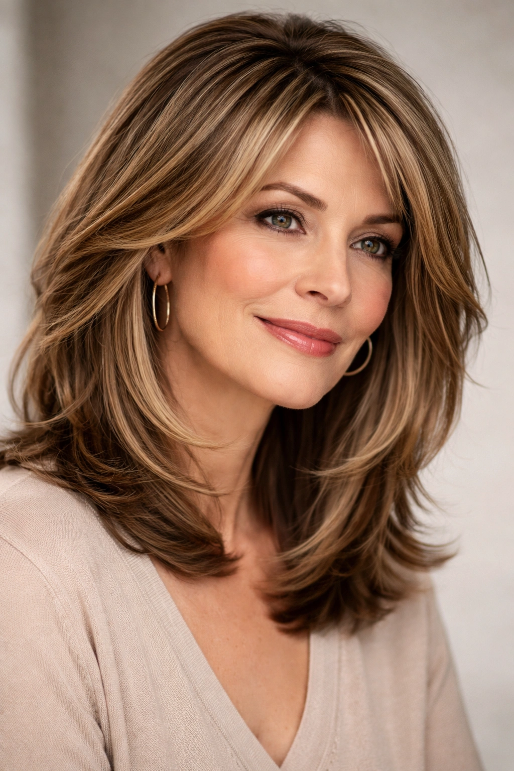 Face-framing layers with warm highlights brightening facial features