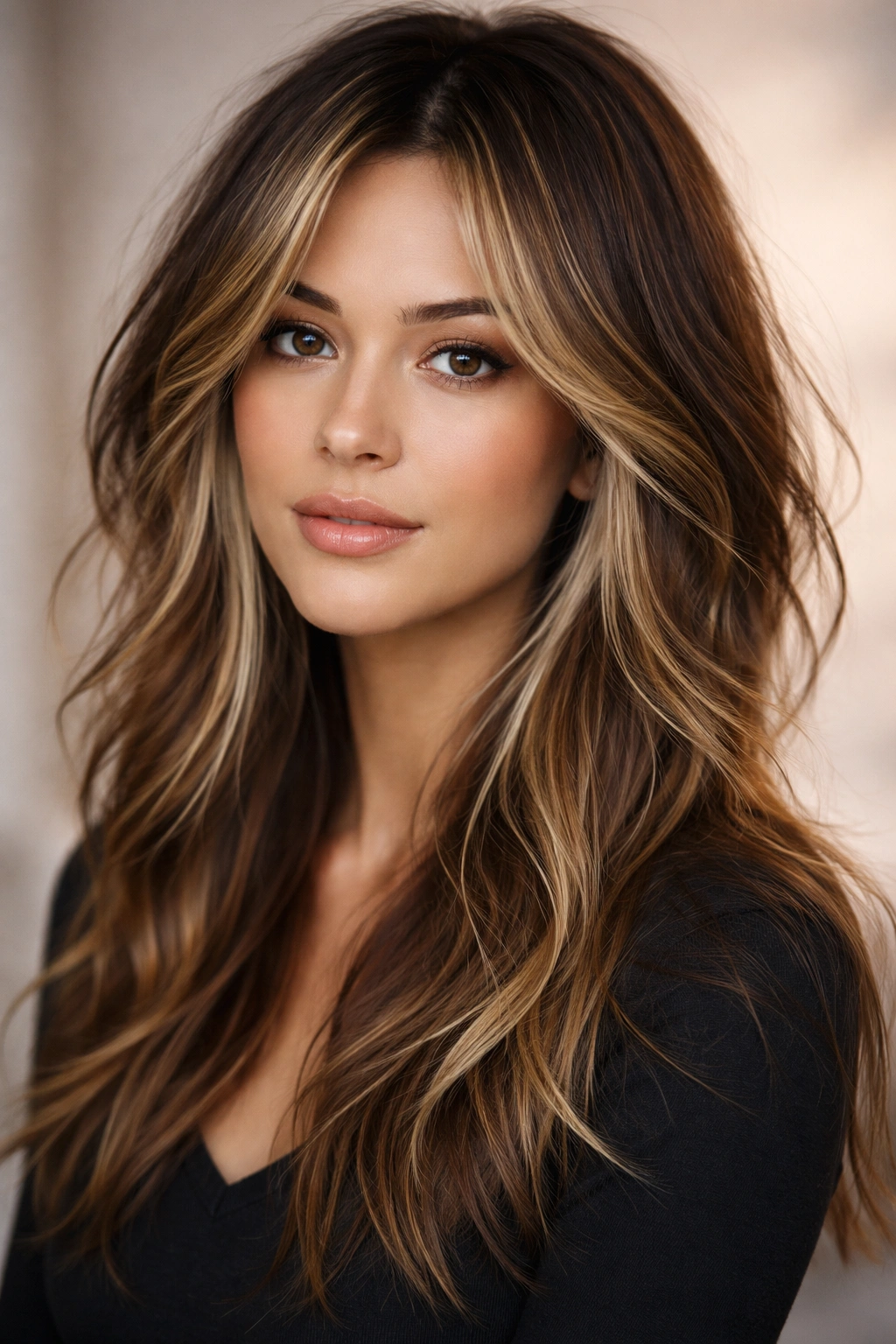Portrait showing face-framing highlights and choppy layers in studio lighting