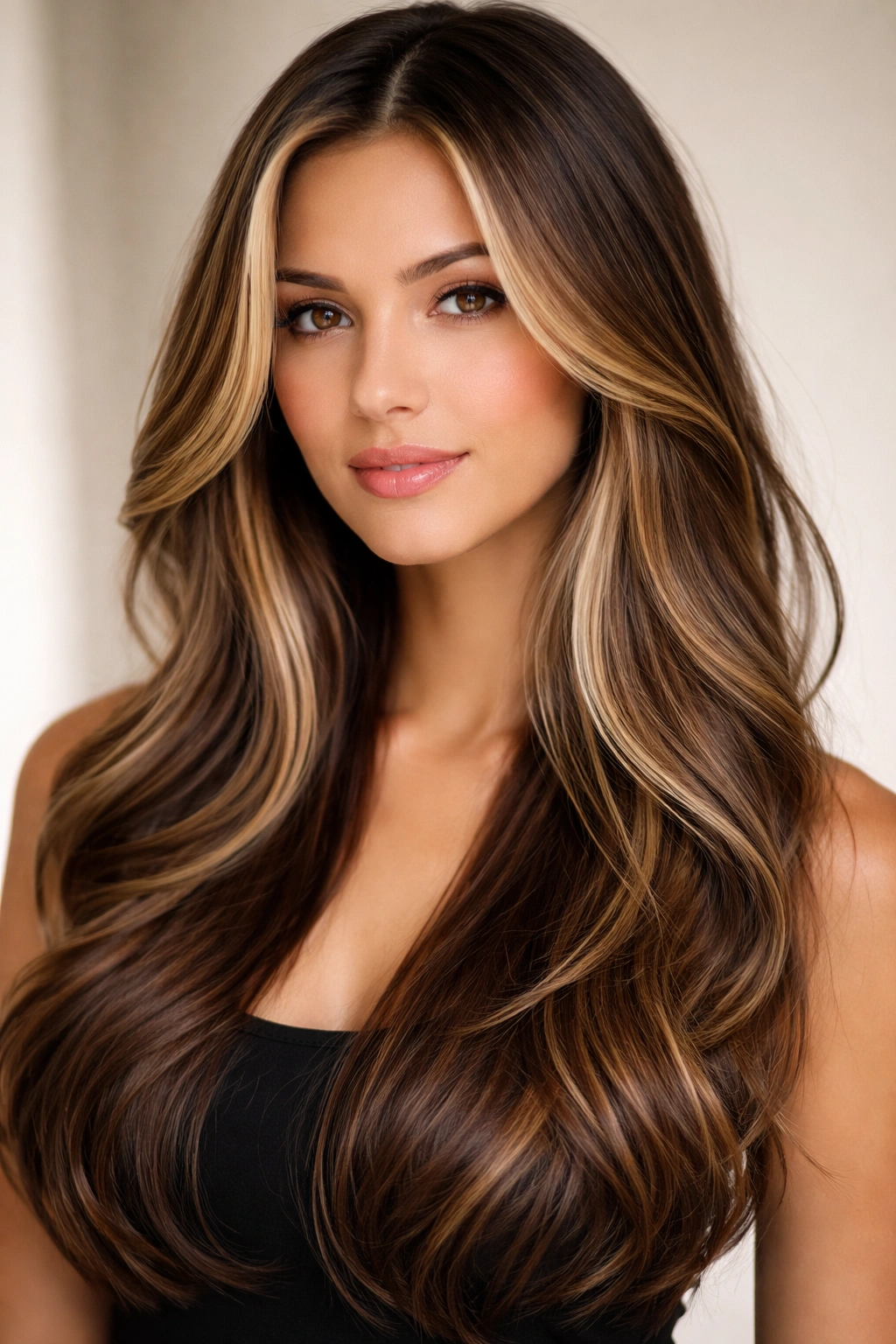 15 Hairstyles That Beautifully Flatter Round Faces 11 Model with long layers and face-framing highlights around cheeks and jawline.