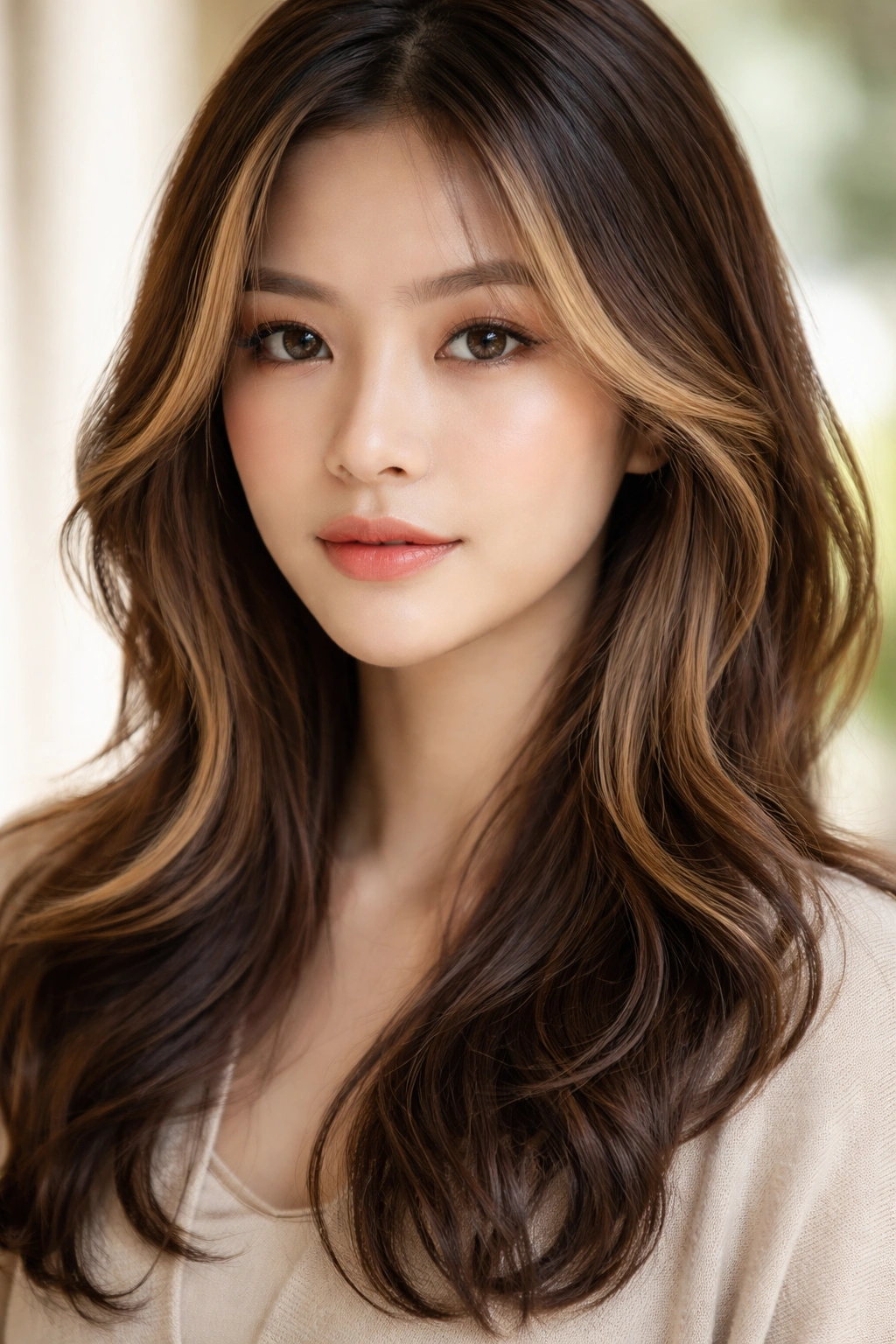 Hair with face-framing highlights and subtle shadowing.