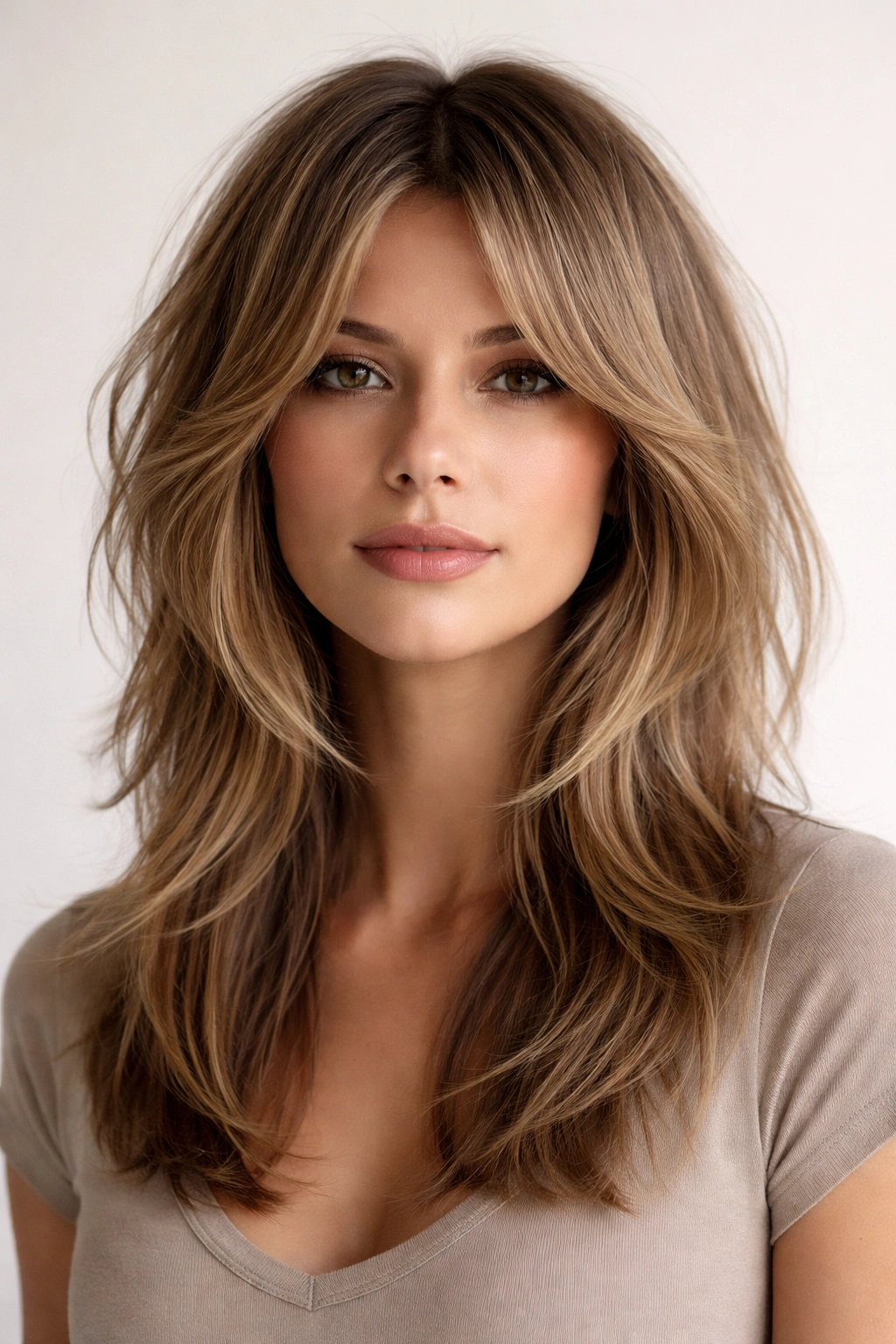 Close-up of a model with Face-Framing Layered Shag highlighting face-framing layers