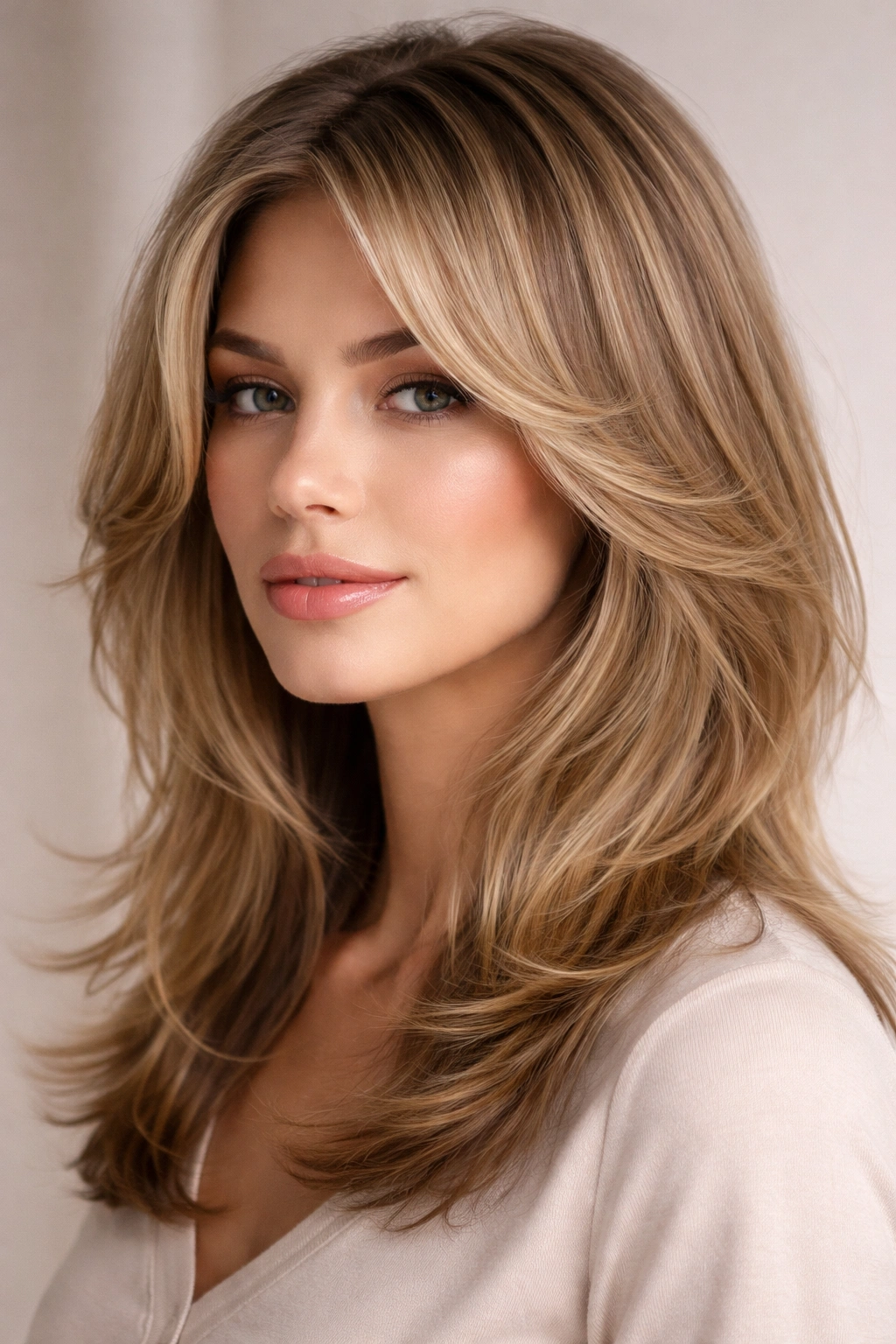 Portrait showing cheekbone-length face-framing hair layers