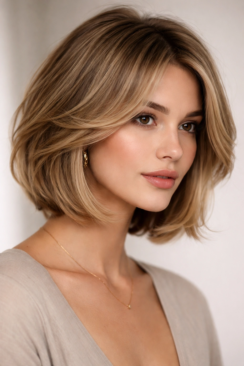 Face-framing layered bob with shorter front layers and longer back
