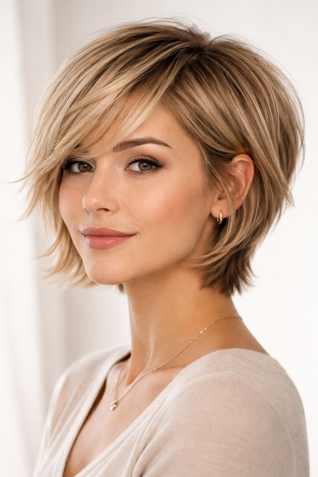 Three-quarter view of face-framing layers with short back on fine hair