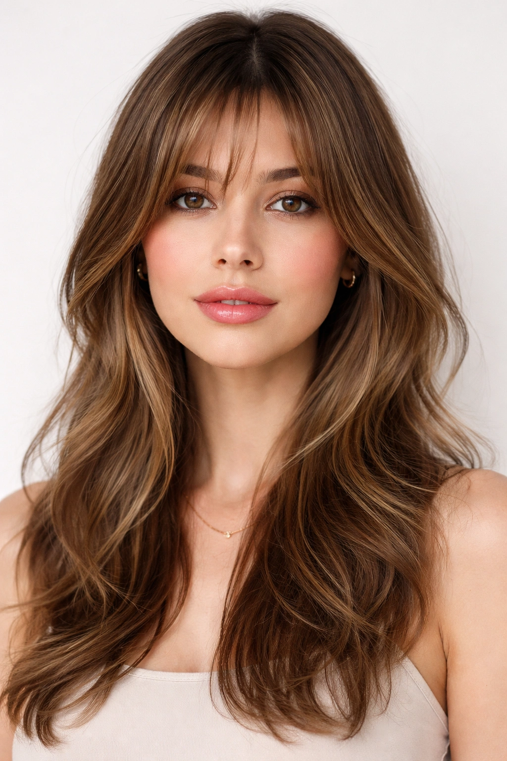 Head-and-shoulders portrait showing face-framing layers blending into longer hair
