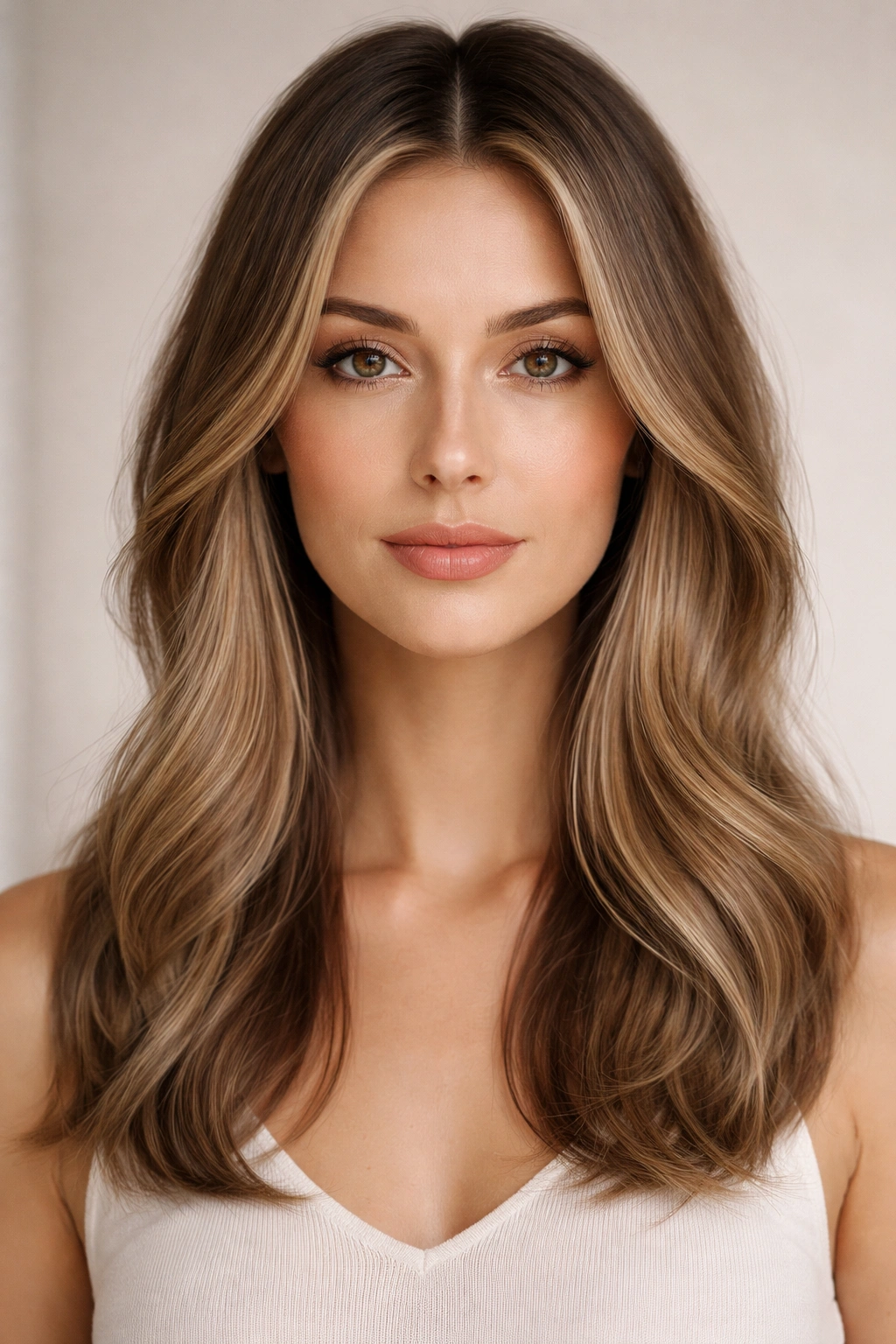 Cheekbone-length face-framing layers with center part hairstyle