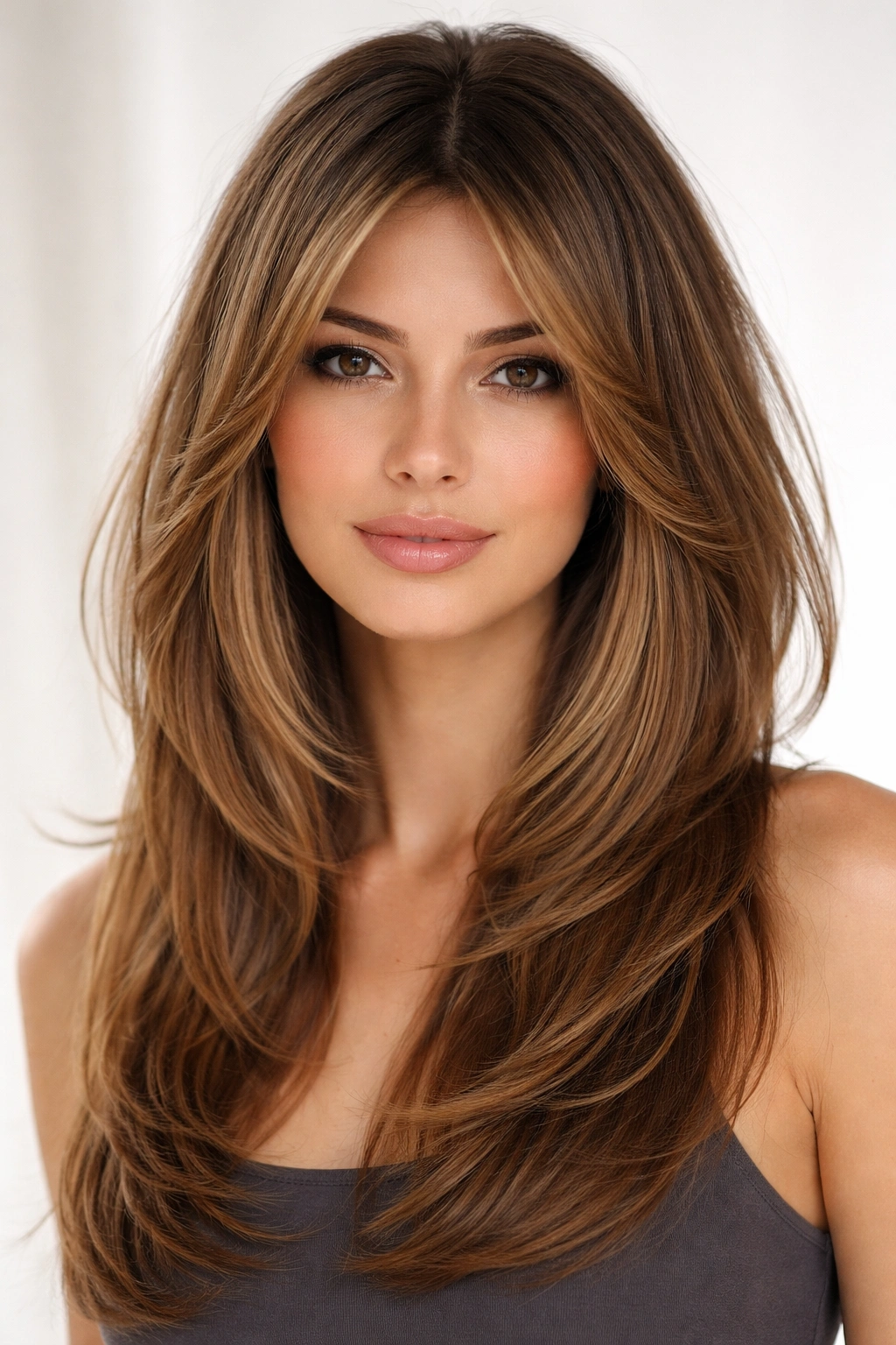 Face-framing layers with a longer top creating crown volume