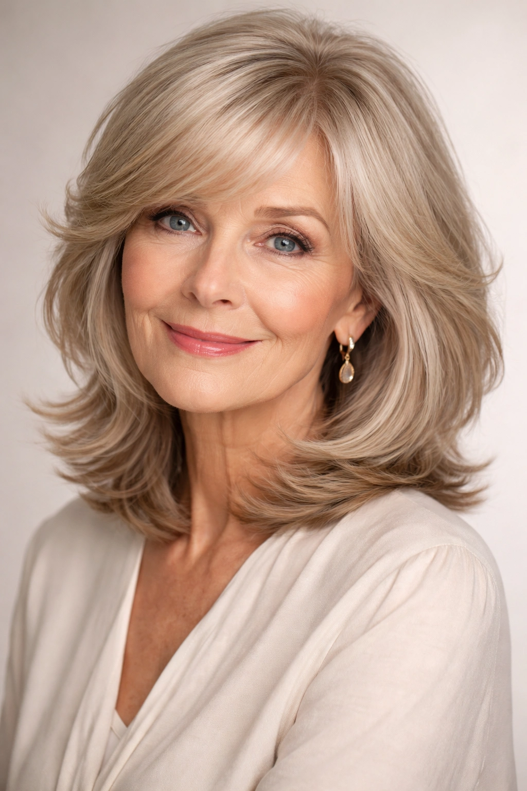 Haircut with face-framing layers and side-swept fringe