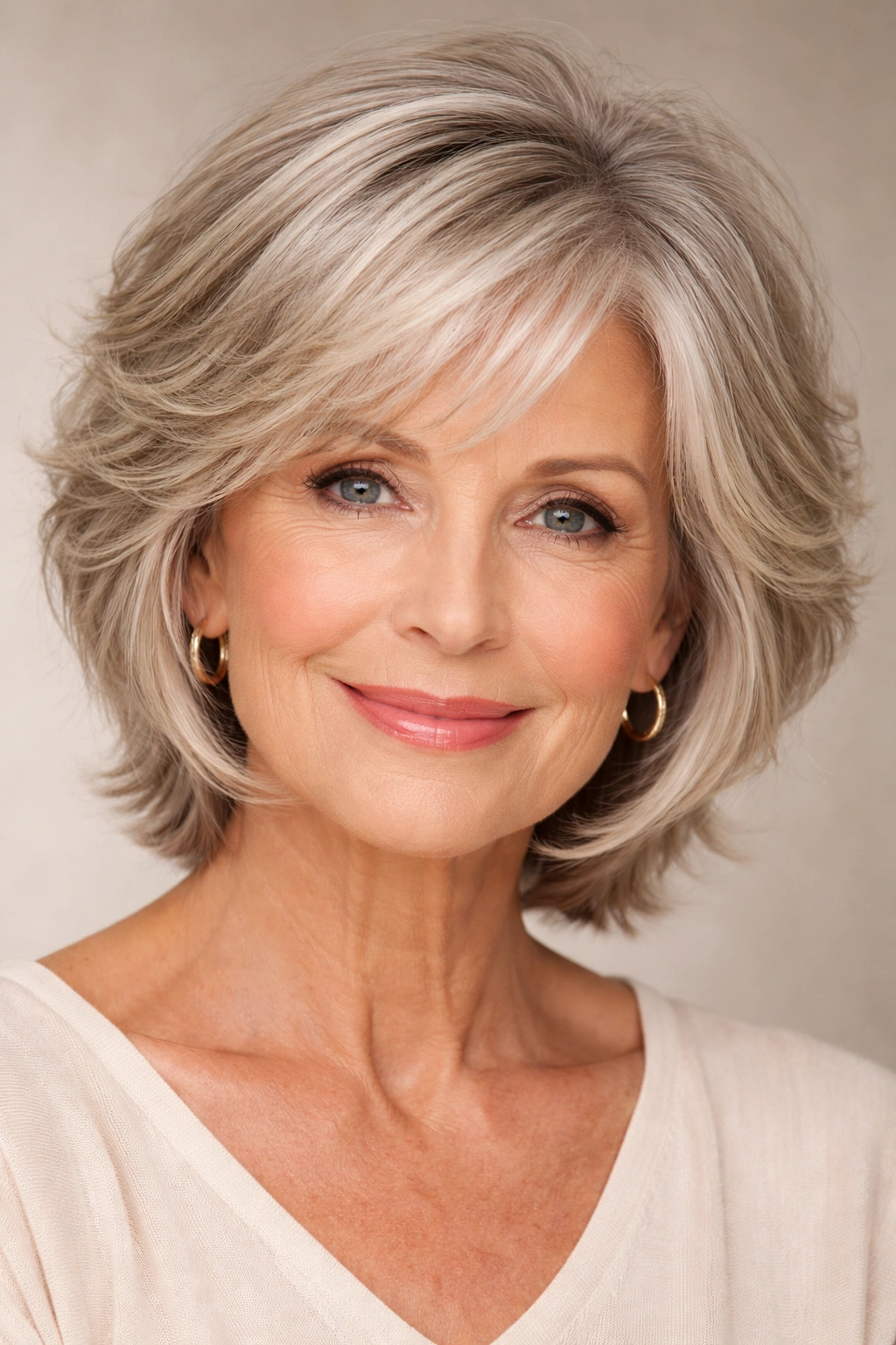 Close-up of a mature woman with face-framing layers around the cheeks
