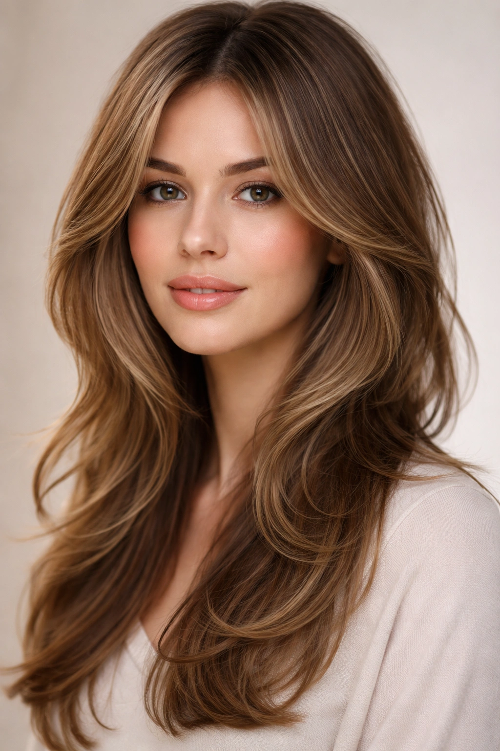 Close-up portrait showing face-framing layered hairstyle with emphasis on shorter strands around the face