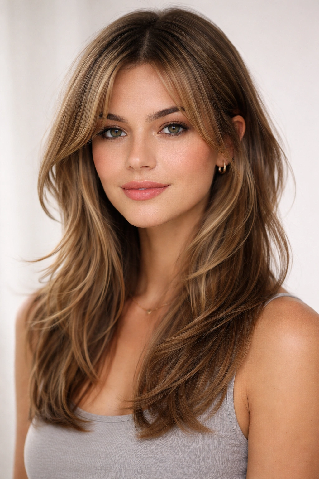 Face-framing layers with shorter front pieces and longer back