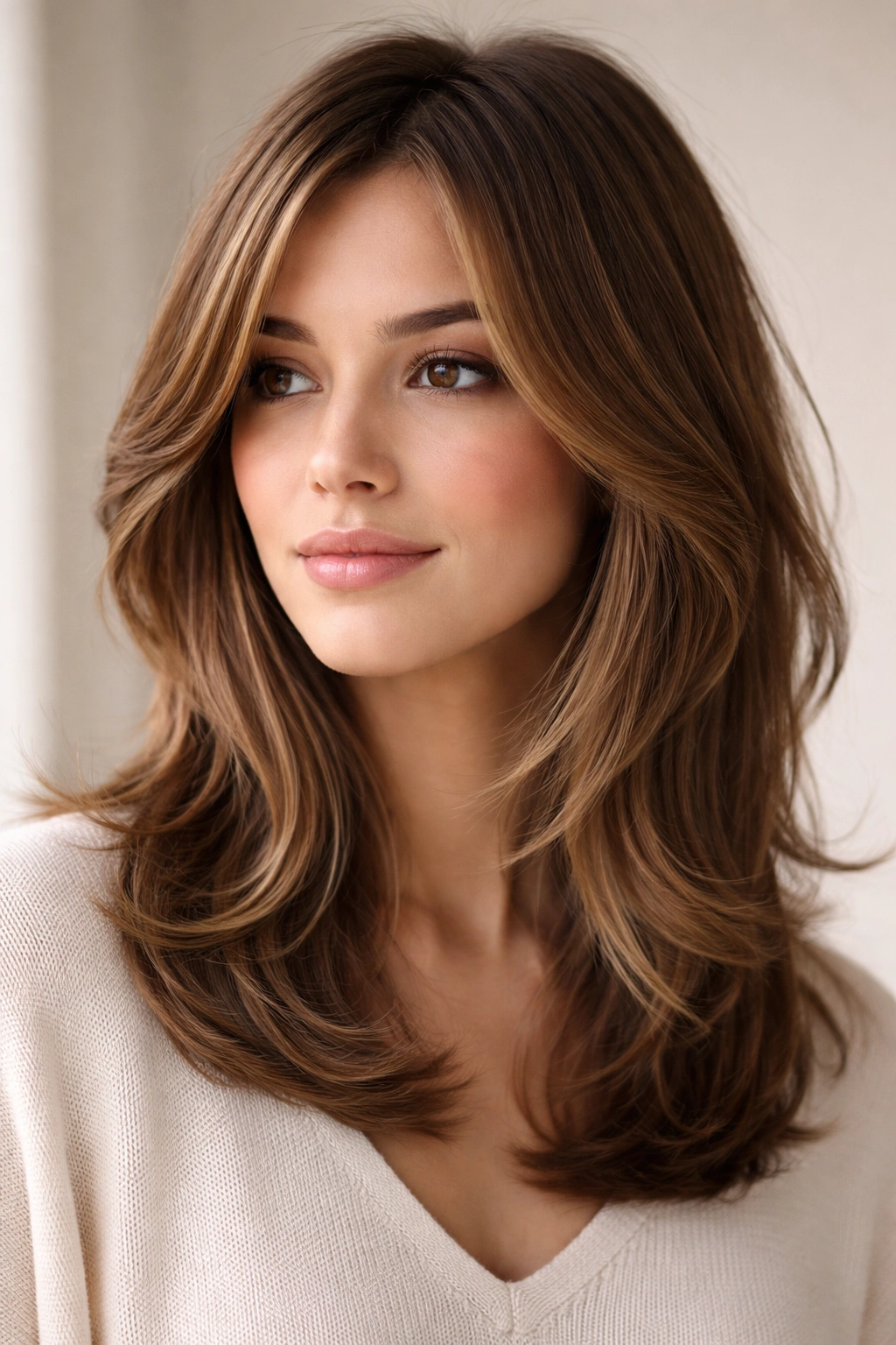 Shoulder-length hair with soft face-framing layers around the jawline