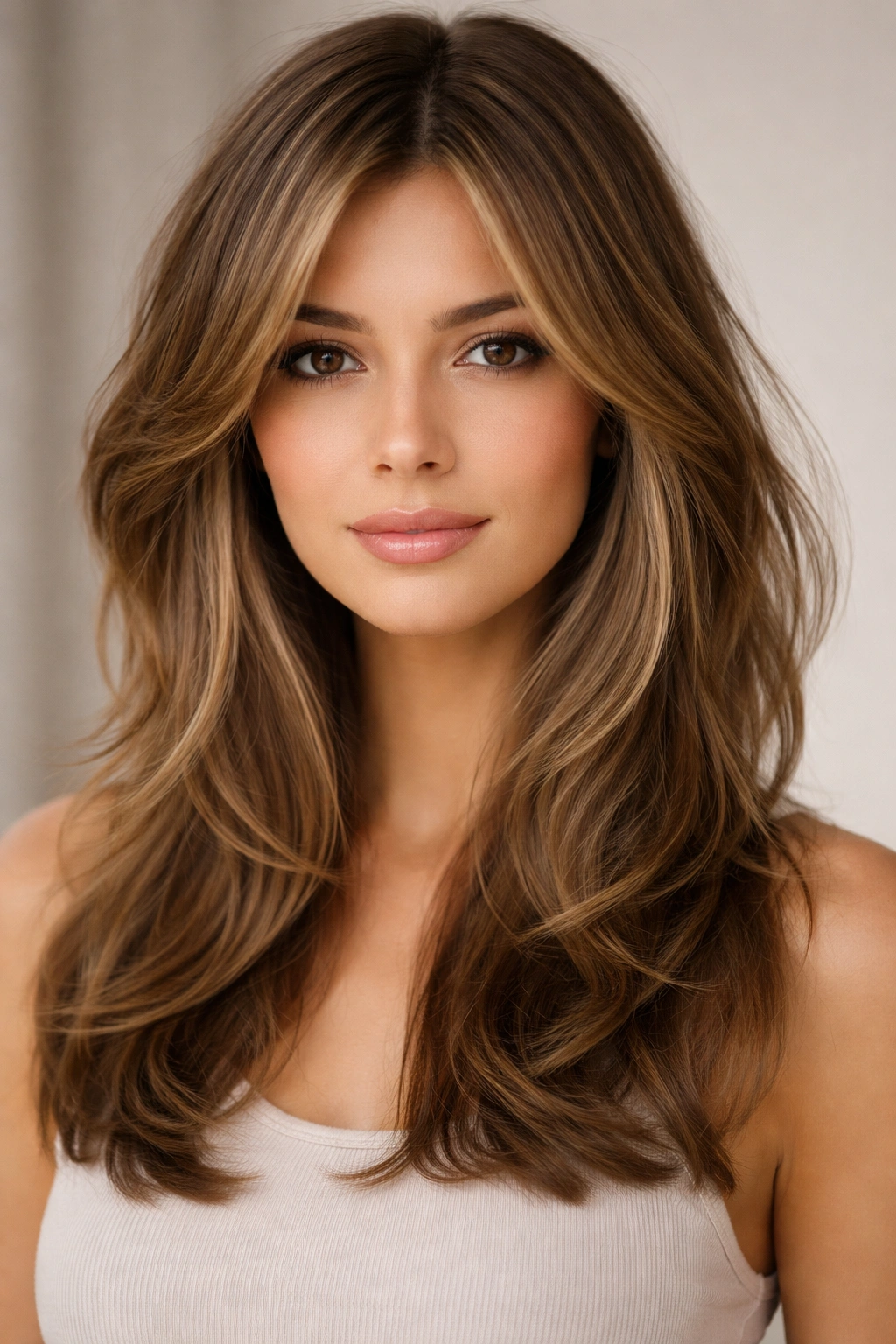 Portrait of a person with face-framing layers around the crown and front, maintaining length