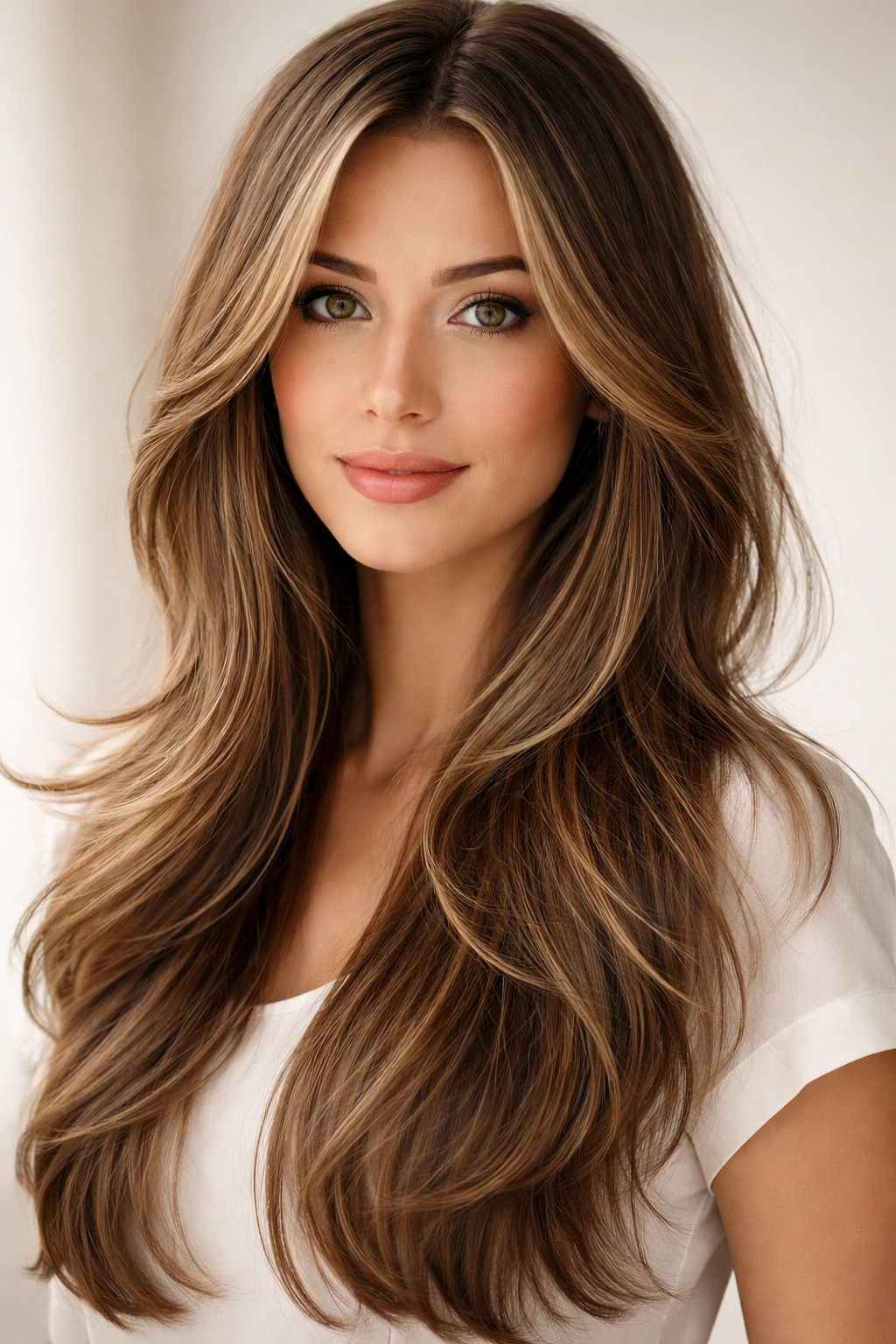 Long hair with face-framing layers around the face.