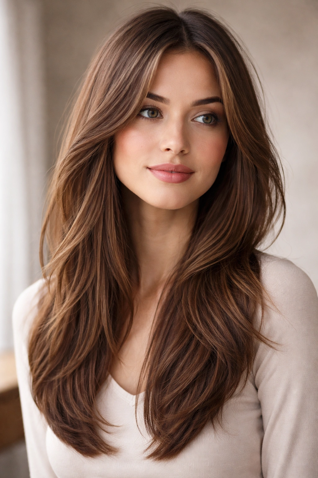 Long hair with soft face framing layers starting at the ears.