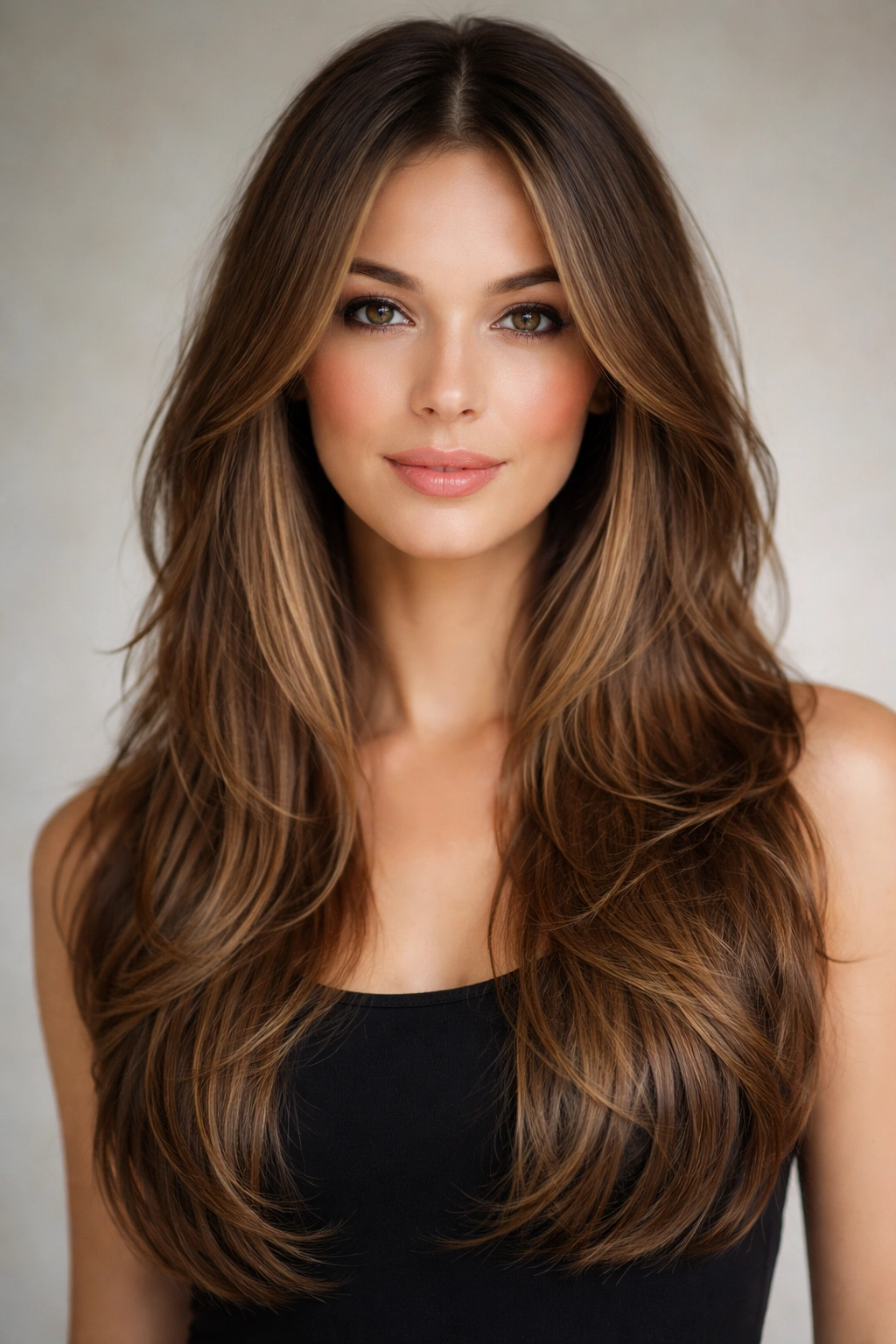 Long hair with face-framing layers around the cheeks and jawline.