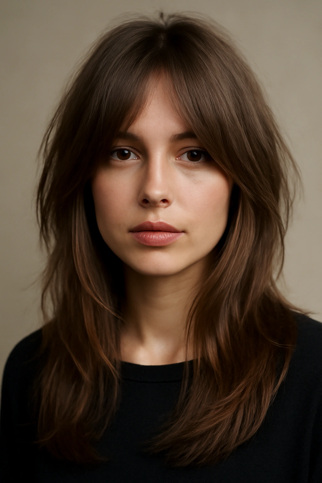 Close-up of long hair with face-framing layers around cheeks and crown
