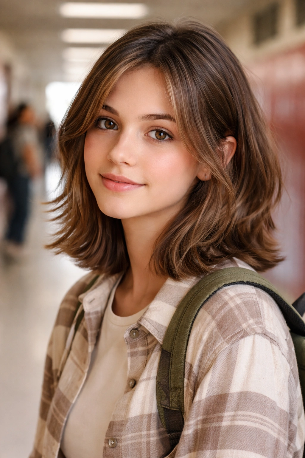 Close-up of student with face-framing layered haircut in a school hallway