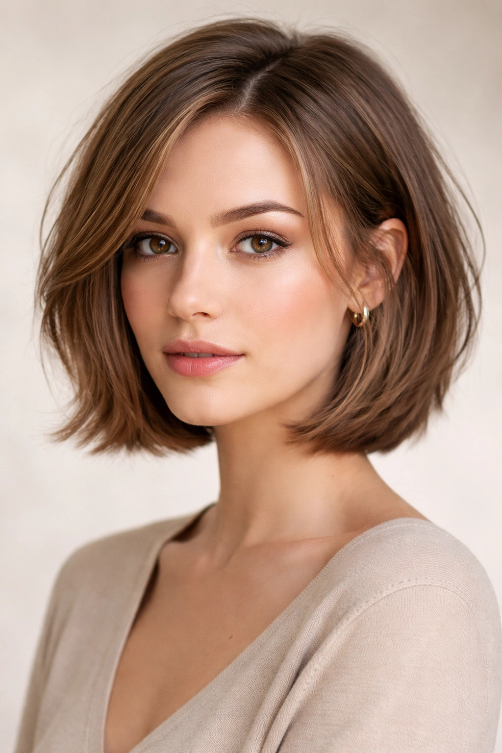 Close-up portrait of a person with face-framing layers in a short bob on an oval face