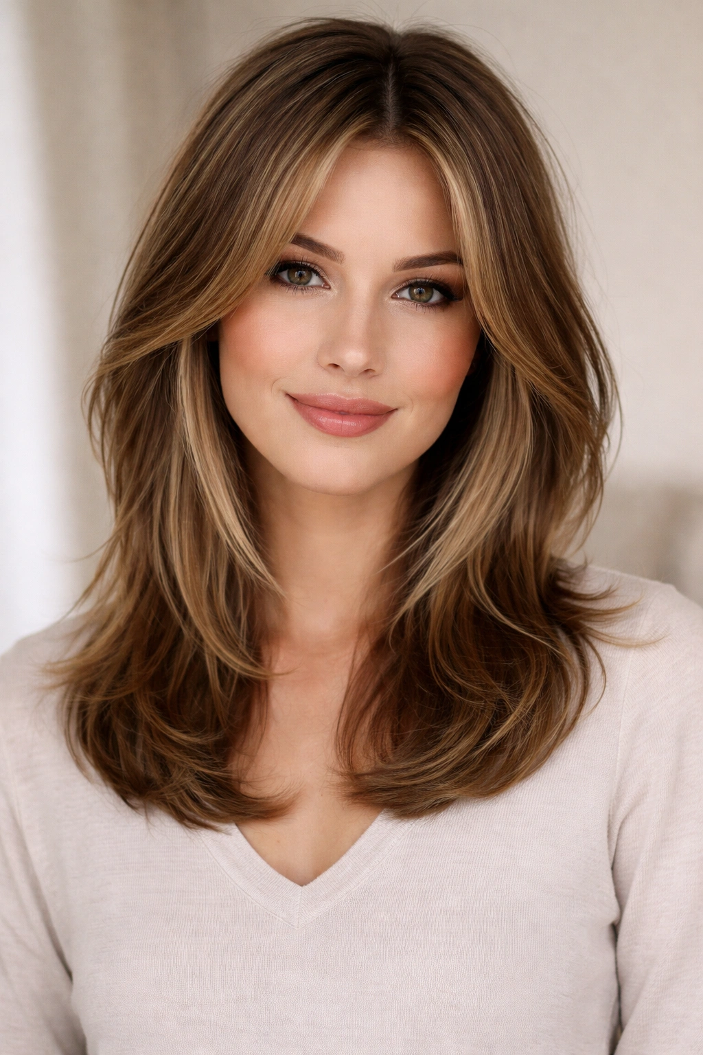 Shoulder-length haircut with face-framing layers around the face