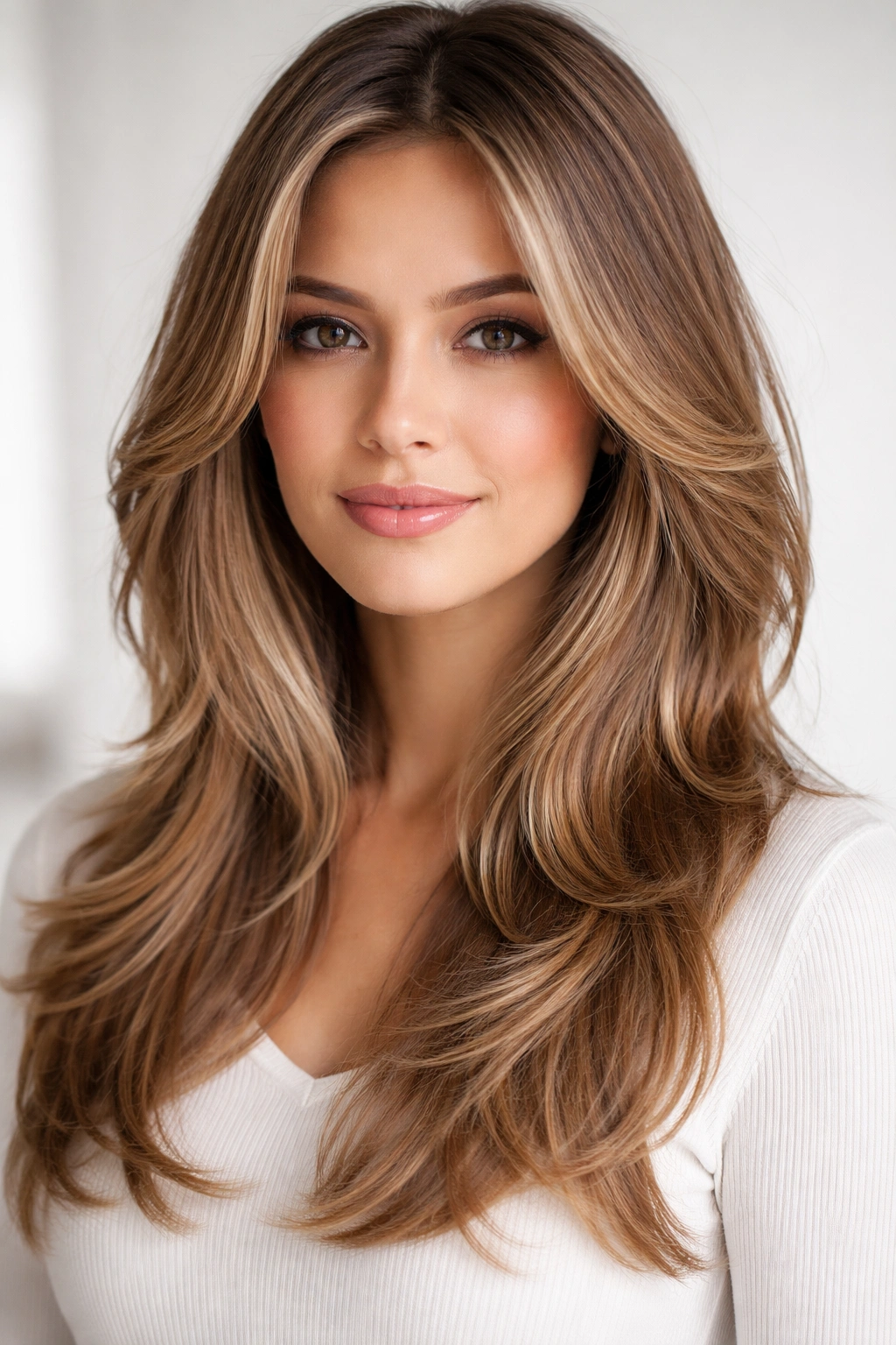 Portrait of a model with soft face-framing layers around the cheeks.