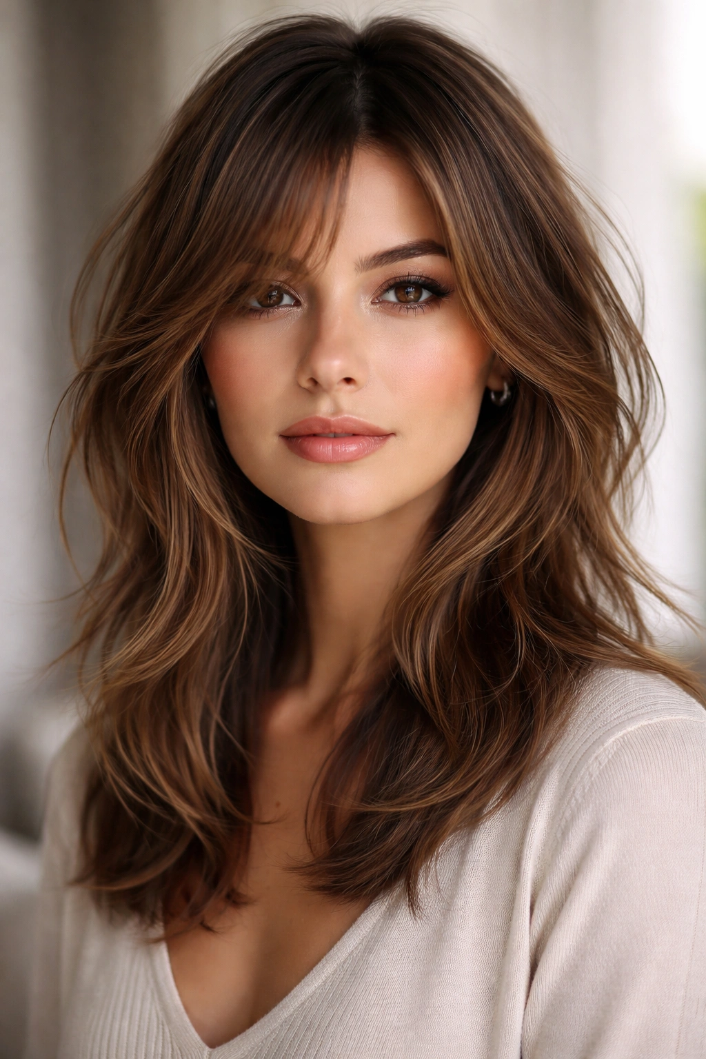 12 Choppy Layer Haircuts That Add Quick Volume 5 Portrait showing face-framing choppy layers around cheeks.