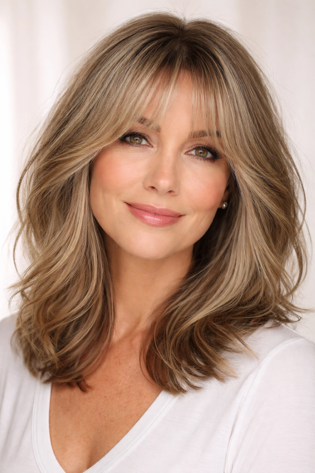 Close-up portrait of a woman with face-framing lob and wispy curtain bangs