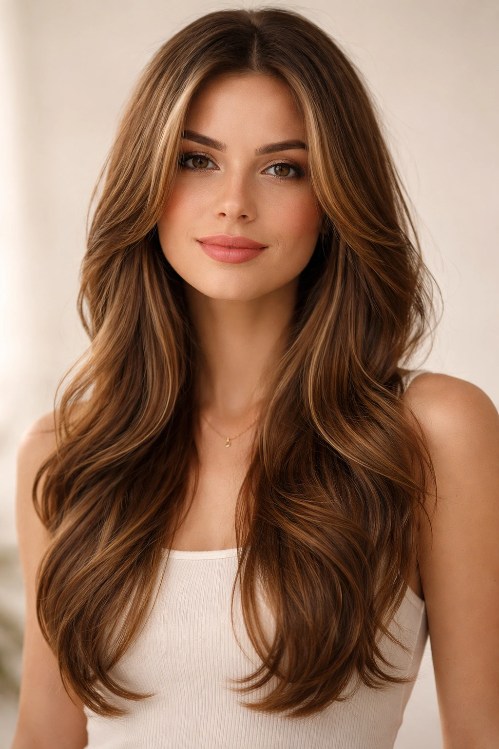 Face-framing long layers hairstyle close-up portrait with soft movement