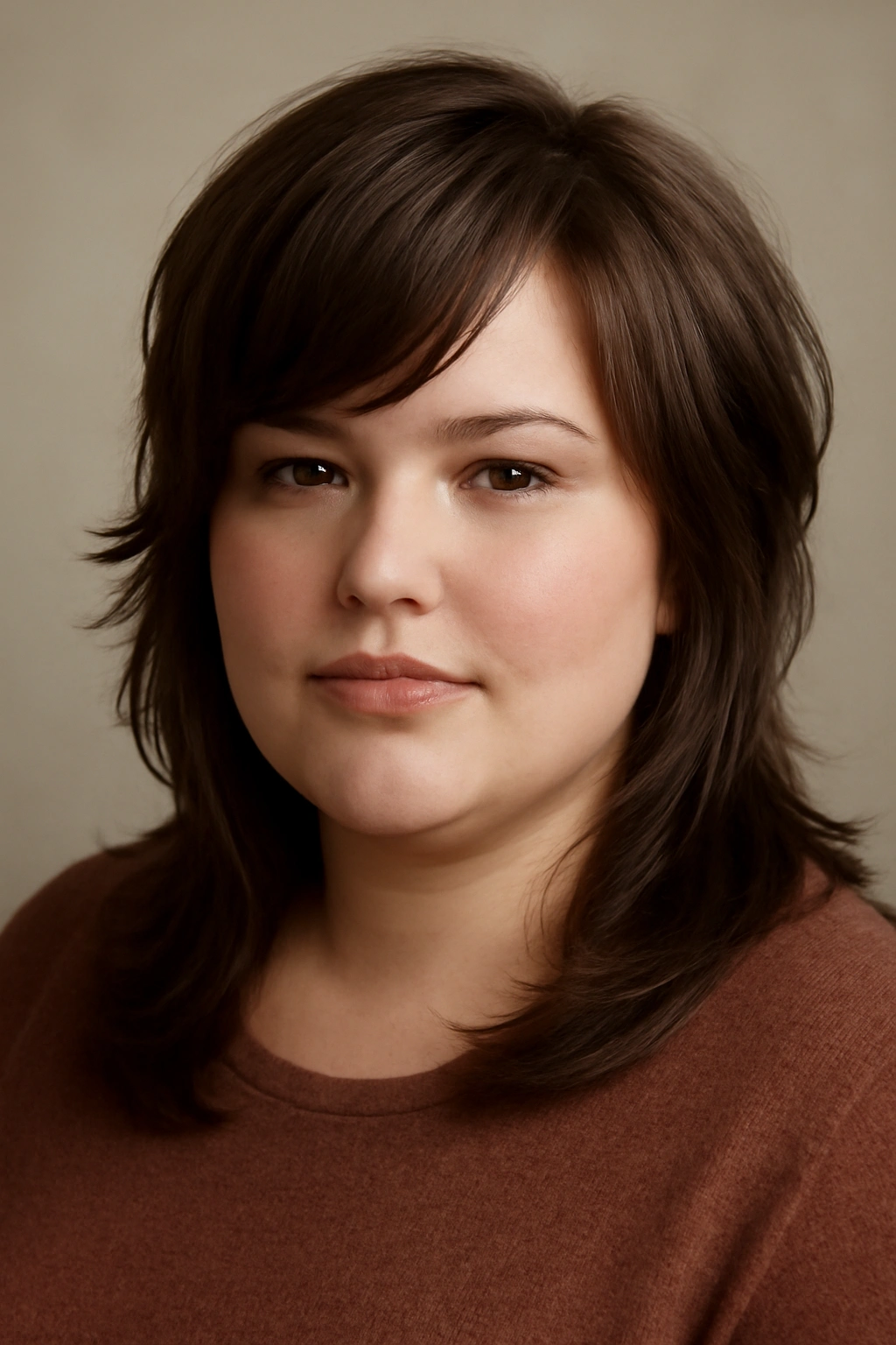 10 Flattering Mullet Haircuts for Plus Size Women 3 Face-framing mullet with side-swept bangs on a plus-size model in studio portrait
