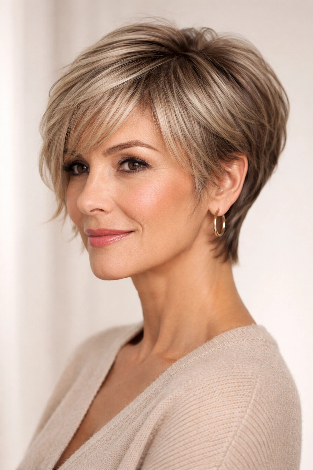 Face-framing pixie with longer front sections framing the face in studio portrait