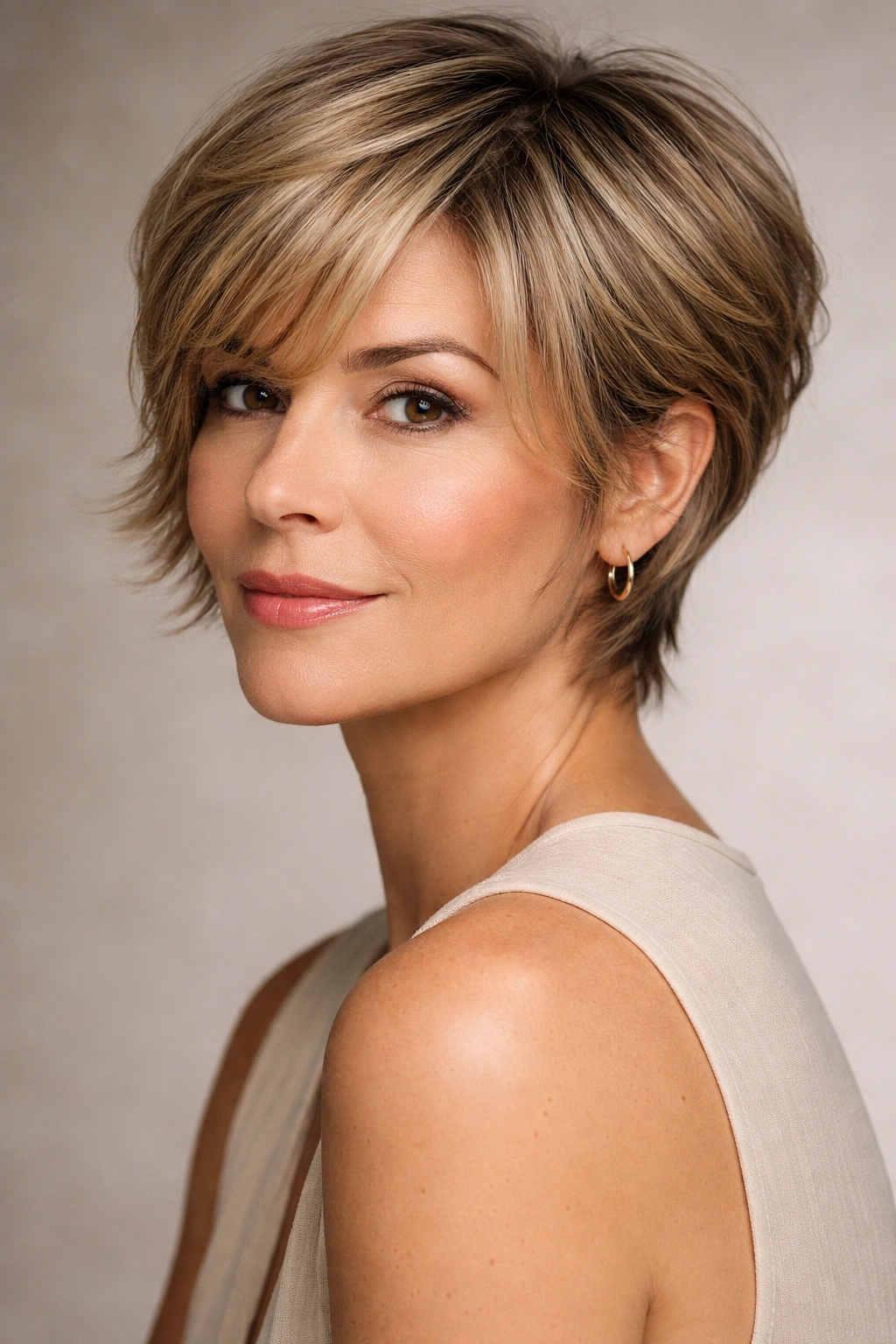 Mature woman with face-framing pixie layers in a studio portrait.