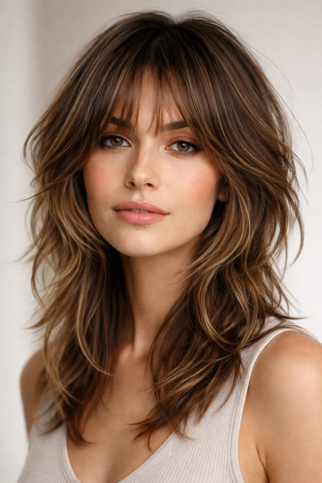 Close-up of a choppy face-framing shag around cheekbones